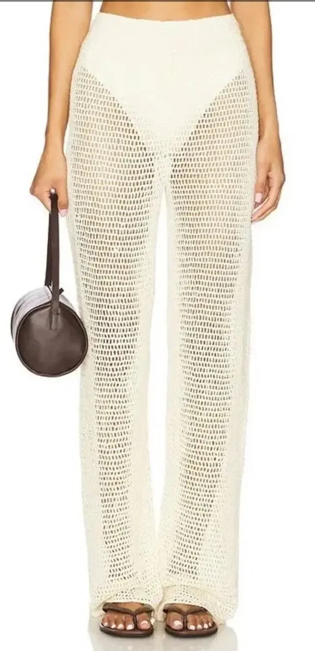 PQ Swim Eliza Crochet High Waist Pants Ivory Cream Beach Size XS/S Festival Boho